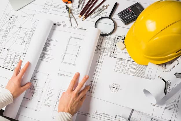 Architect unrolling blueprints with hard hat, calculator, and drafting tools on a planning desk