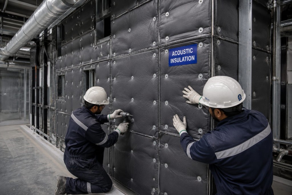 Workers installing quilted acoustic insulation panels on an industrial wall