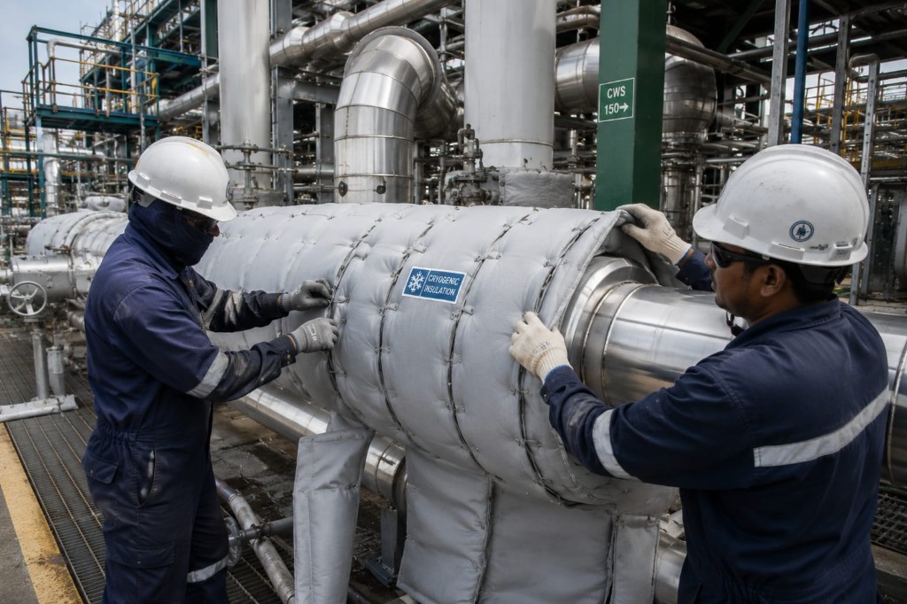 Workers fitting cryogenic insulation jackets on large industrial piping outdoors