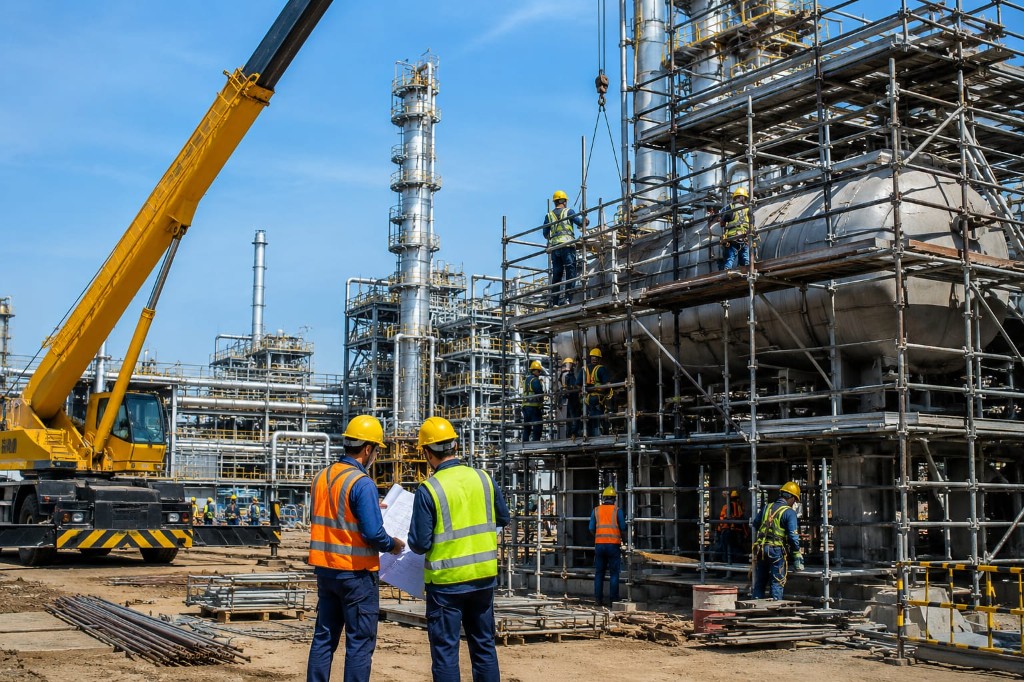 Supervisors reviewing plans at an industrial construction site with crane and scaffolding