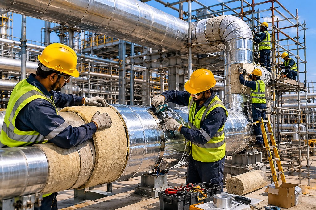 Workers applying thermal insulation and metal cladding on large industrial piping outdoors